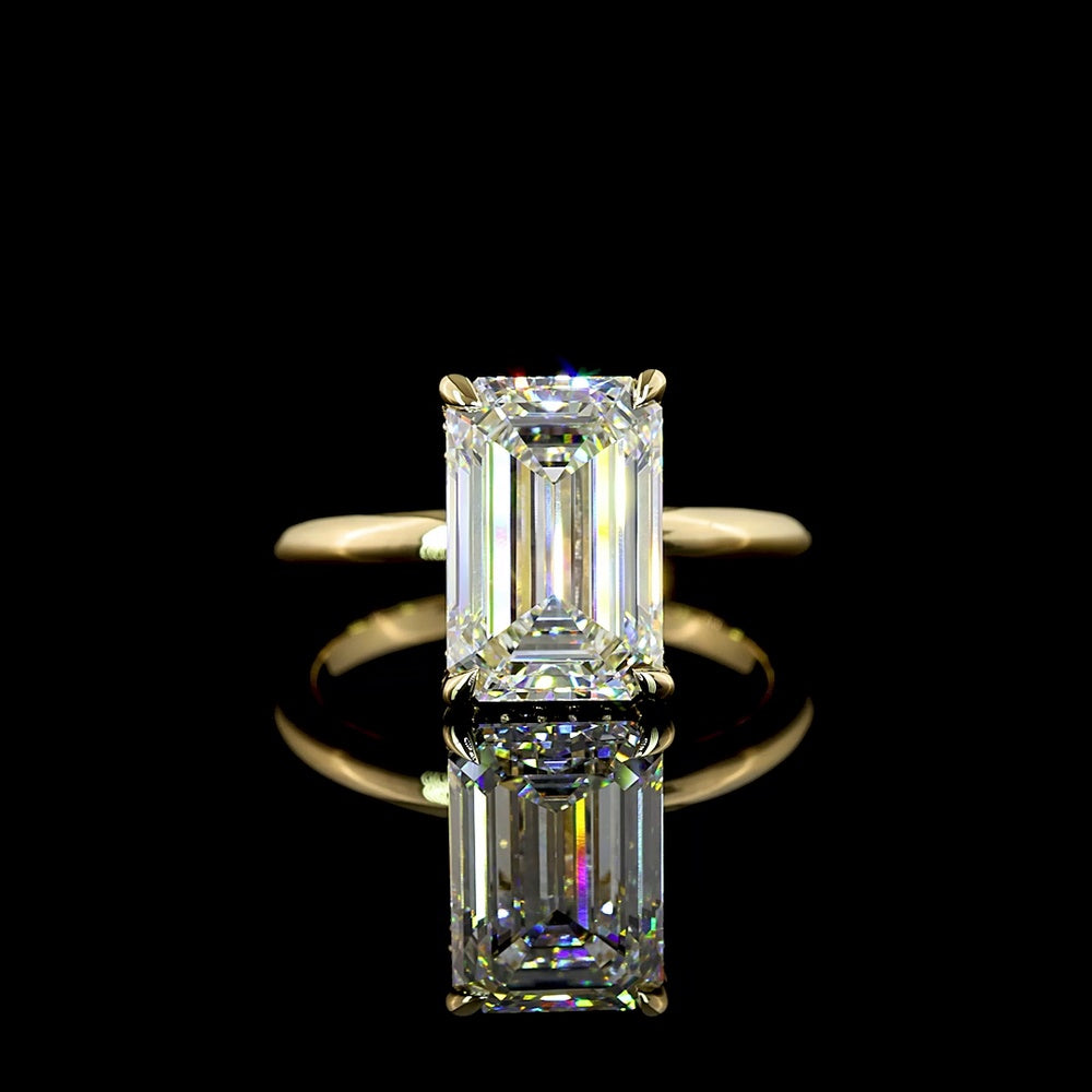 14K Yellow Gold Emerald Cut Hidden Halo Ring with 4.02 Carat Lab Diamond Center and 0.12 Carat Brilliant Cut Accent Diamonds - IGI Certified E-F VS1 - Covaloro Fine Jewelry