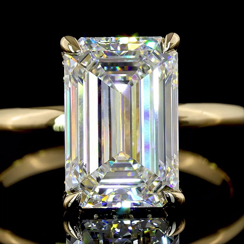 14K Yellow Gold Emerald Cut Hidden Halo Ring with 4.02 Carat Lab Diamond Center and 0.12 Carat Brilliant Cut Accent Diamonds - IGI Certified E-F VS1 - Covaloro Fine Jewelry