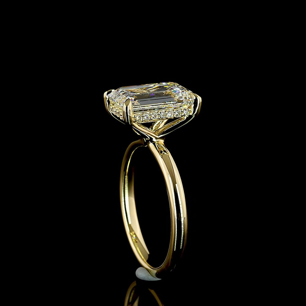 14K Yellow Gold Emerald Cut Hidden Halo Ring with 4.02 Carat Lab Diamond Center and 0.12 Carat Brilliant Cut Accent Diamonds - IGI Certified E-F VS1 - Covaloro Fine Jewelry