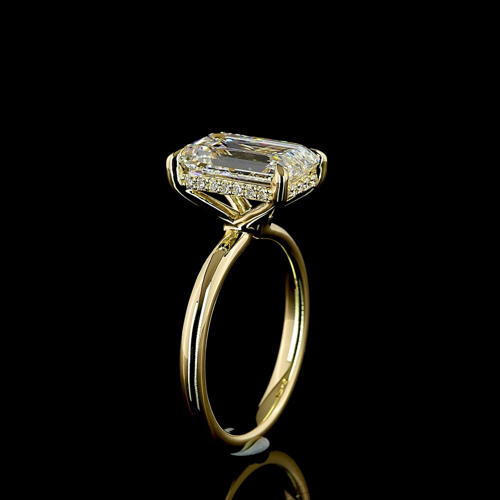 14K Yellow Gold Emerald Cut Hidden Halo Ring with 4.02 Carat Lab Diamond Center and 0.12 Carat Brilliant Cut Accent Diamonds - IGI Certified E-F VS1 - Covaloro Fine Jewelry