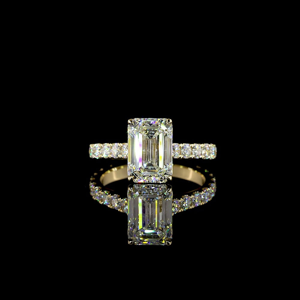 14K Yellow Gold Emerald Cut Lab Diamond Engagement Ring with Diamond Shank - 3.94 Carats Total Diamond Weight (3.07 Carats Center) - Covaloro Fine Jewelry