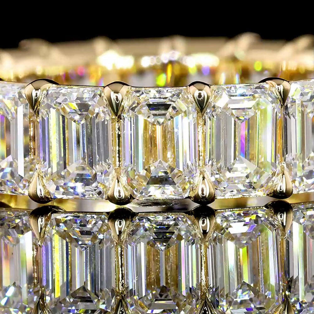 14K Yellow Gold Emerald Cut Lab Diamond Eternity Band - 5.10 Carat Total Weight with 19 Prong Set E-F VS1 Stones - Covaloro Fine Jewelry