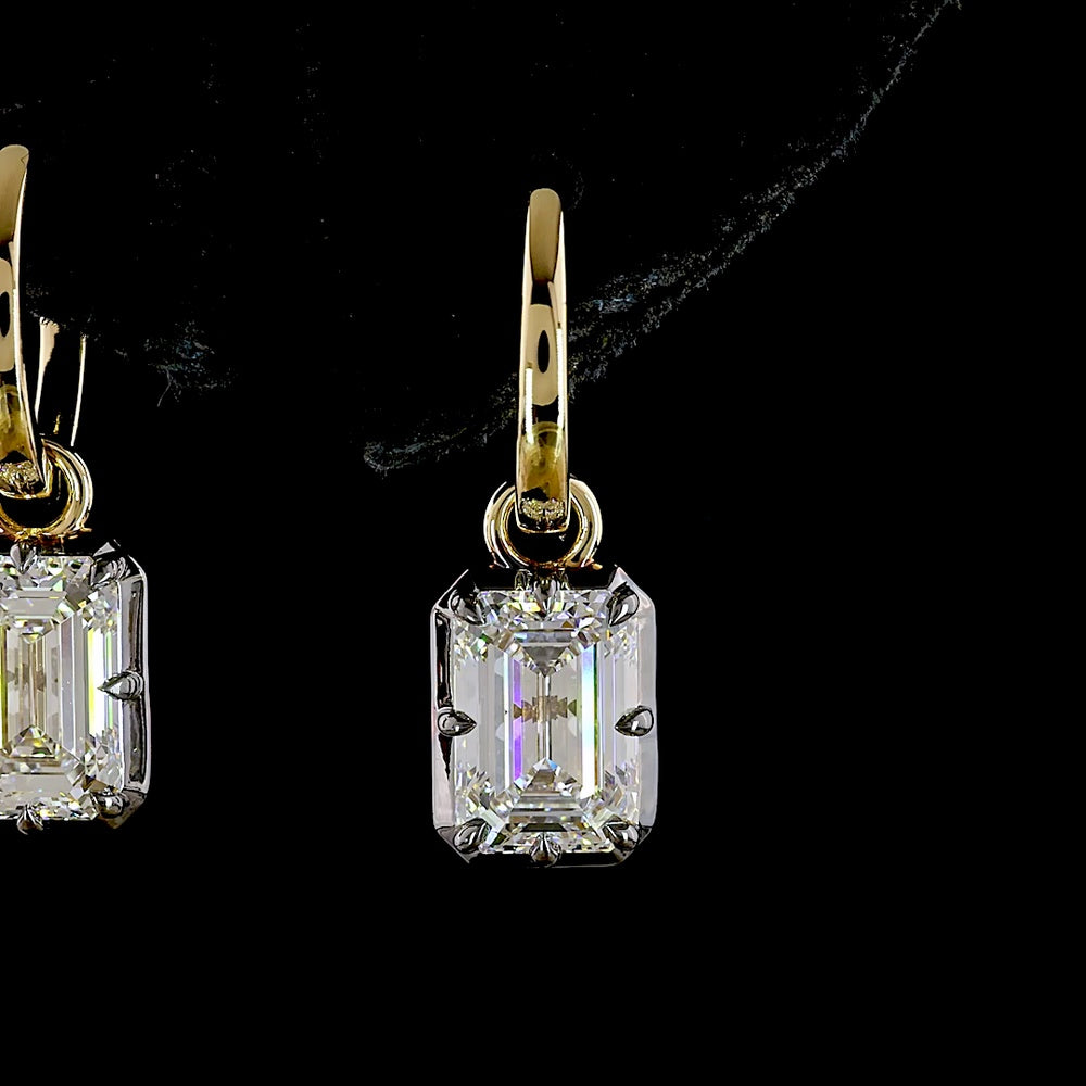 14K Yellow Gold Emerald Cut Lab Diamond Hanging Earrings - 3.15 Carat Total Weight, E-F VVS2 - Covaloro Fine Jewelry