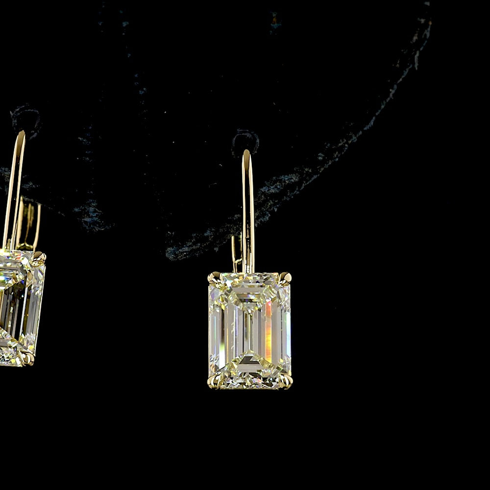 14K Yellow Gold Emerald-Cut Lab Diamond Hanging Earrings with Brilliant Accents - 3.15 Carat Total Diamond Weight - Covaloro Fine Jewelry