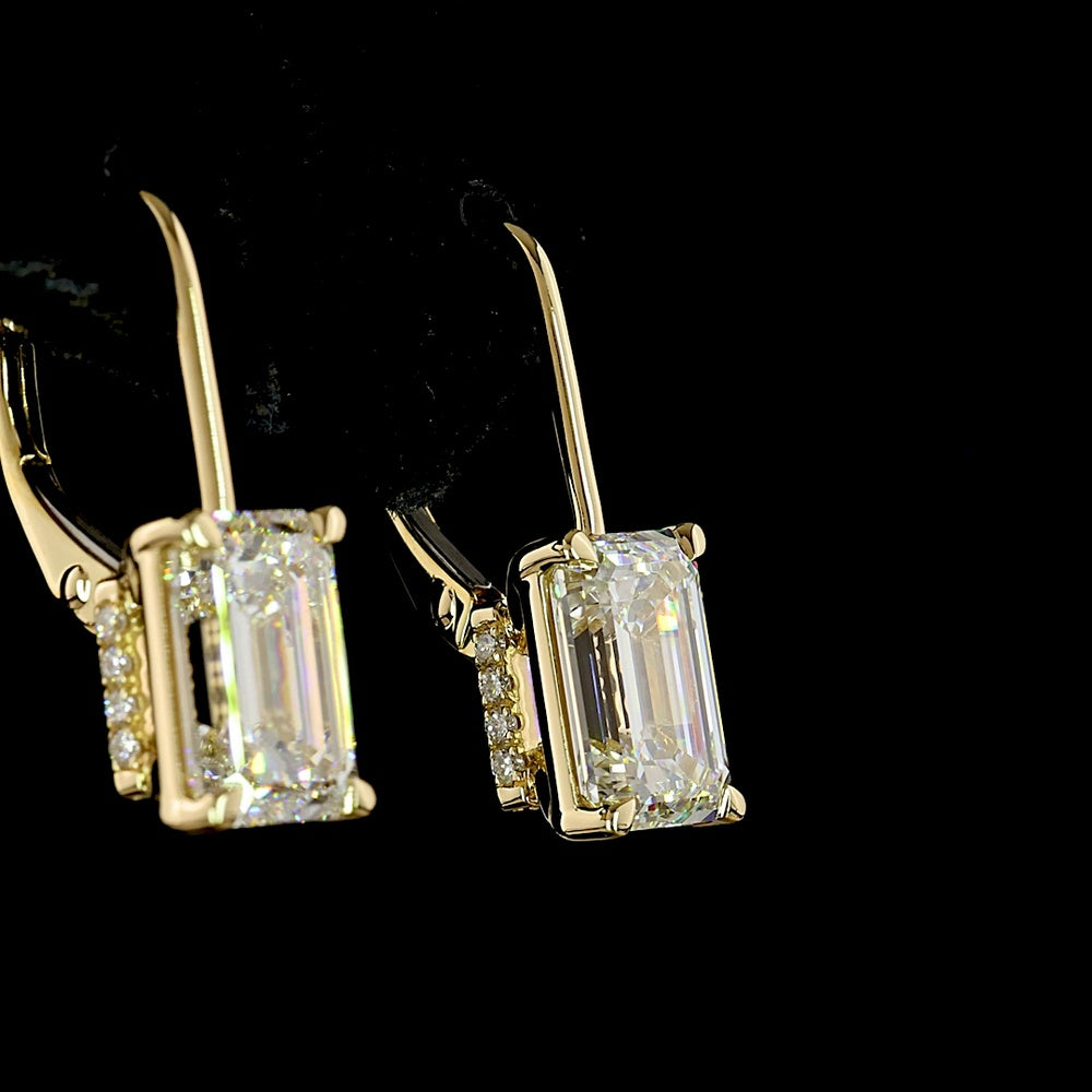 14K Yellow Gold Emerald Cut Lab Diamond Hanging Earrings with Brilliant Cut Accents - 8.42 Total Carat Weight - Covaloro Fine Jewelry