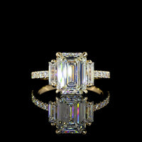 14K Yellow Gold Emerald Cut Lab Diamond Hidden Halo Ring with Baguette and Round Diamonds - 3.38 Carat Total Weight - Covaloro Fine Jewelry