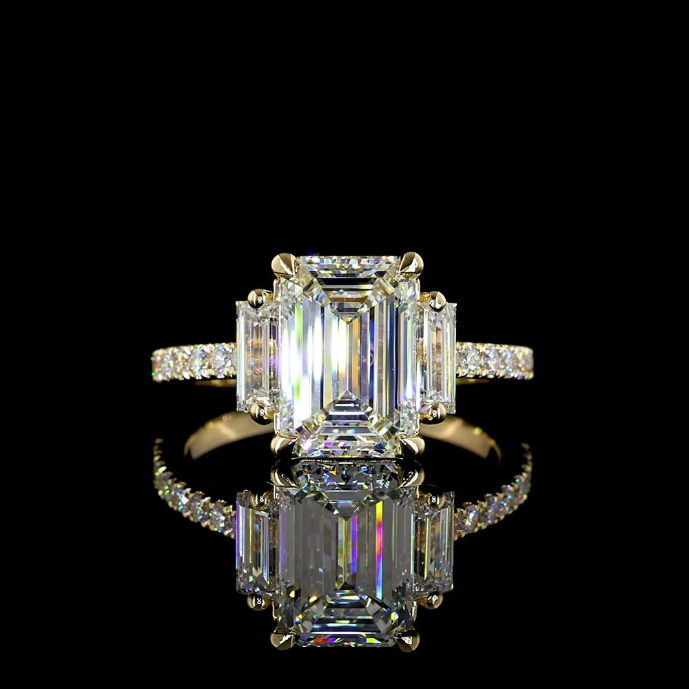 14K Yellow Gold Emerald Cut Lab Diamond Hidden Halo Ring with Baguette and Round Diamonds - 3.38 Carat Total Weight - Covaloro Fine Jewelry