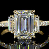 14K Yellow Gold Emerald Cut Lab Diamond Hidden Halo Ring with Baguette and Round Diamonds - 3.38 Carat Total Weight - Covaloro Fine Jewelry