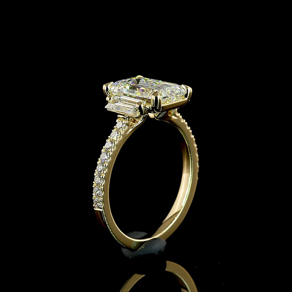 14K Yellow Gold Emerald Cut Lab Diamond Hidden Halo Ring with Baguette and Round Diamonds - 3.38 Carat Total Weight - Covaloro Fine Jewelry