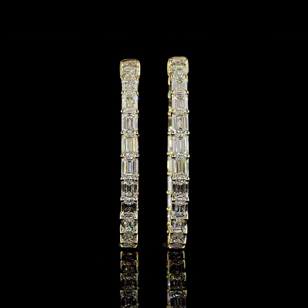 14K Yellow Gold Emerald Cut Lab Diamond Hoop Earrings - 11.12 Carat Total Weight, East-West Prong Setting, E-F VS Clarity - Covaloro Fine Jewelry