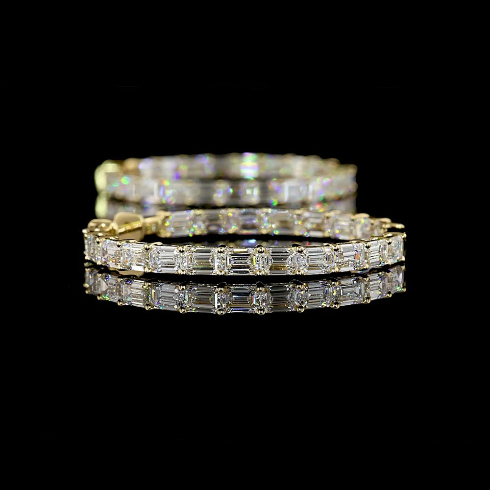 14K Yellow Gold Emerald Cut Lab Diamond Hoop Earrings - 11.12 Carat Total Weight, East-West Prong Setting, E-F VS Clarity - Covaloro Fine Jewelry