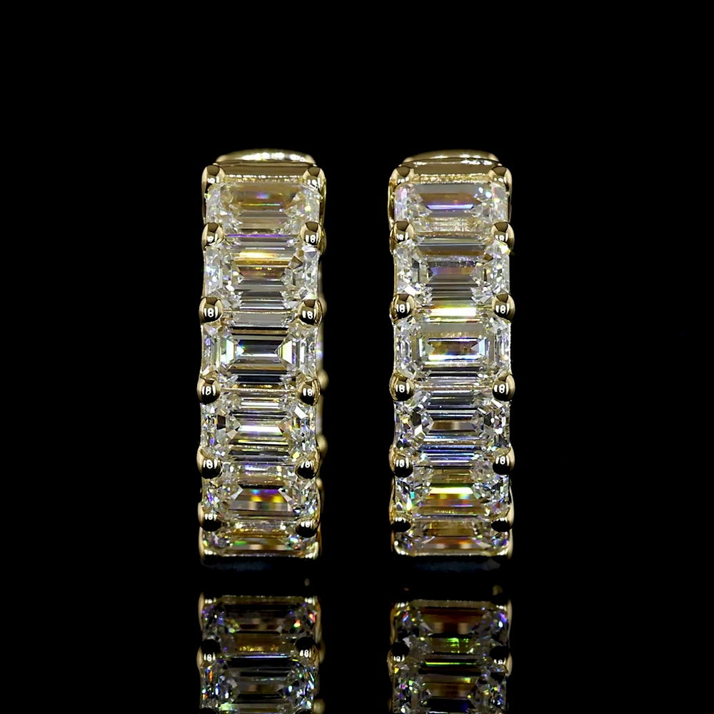 14K Yellow Gold Emerald Cut Lab Diamond Huggie Earrings - 2.97 Carat Total Weight, E-F Color VS Clarity with Prong Setting - Covaloro Fine Jewelry