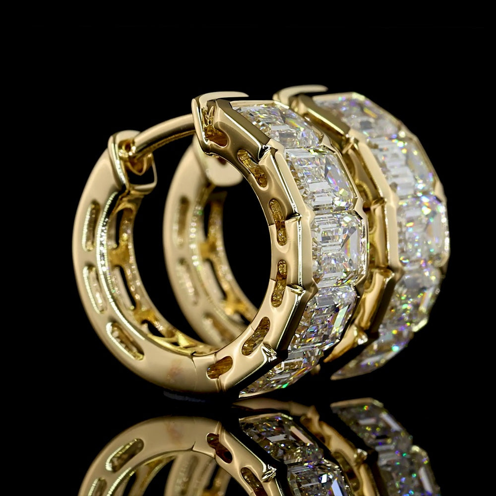 14K Yellow Gold Emerald Cut Lab Diamond Huggie Earrings in Half Bezel Setting - 3.00 Carat Total Weight, E-F Color, VS Clarity - Covaloro Fine Jewelry