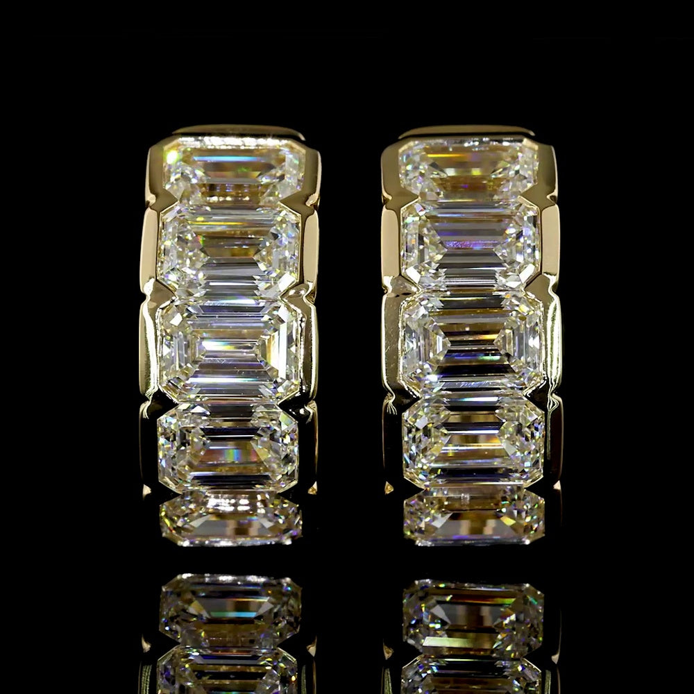 14K Yellow Gold Emerald Cut Lab Diamond Huggie Earrings in Half Bezel Setting - 3.00 Carat Total Weight, E-F Color, VS Clarity - Covaloro Fine Jewelry
