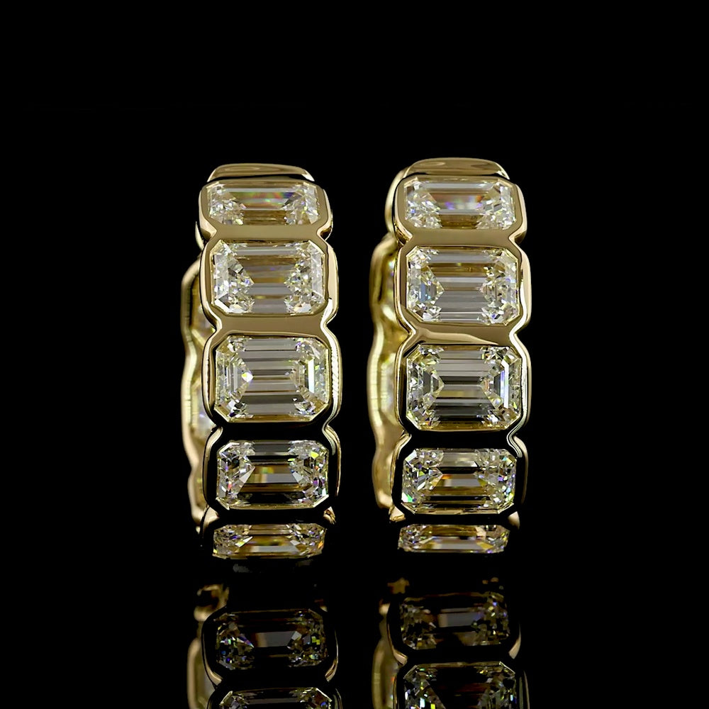14K Yellow Gold Emerald Cut Lab Diamond Huggie Earrings with Bezel Setting - 3.49 Carats Total Diamond Weight - Covaloro Fine Jewelry