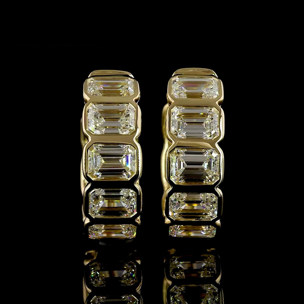 14K Yellow Gold Emerald Cut Lab Diamond Huggie Earrings with Bezel Setting - 3.59 Carat Total Weight (F VS1) - Covaloro Fine Jewelry