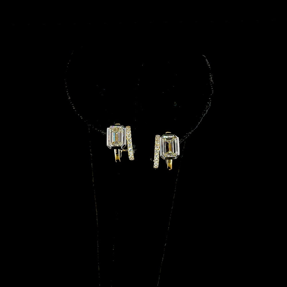 14K Yellow Gold Emerald Cut Lab Diamond Huggie Earrings with Black Rhodium Accents and Brilliant Cut Side Stones - 2.28 Carat Total Diamond Weight - Covaloro Fine Jewelry