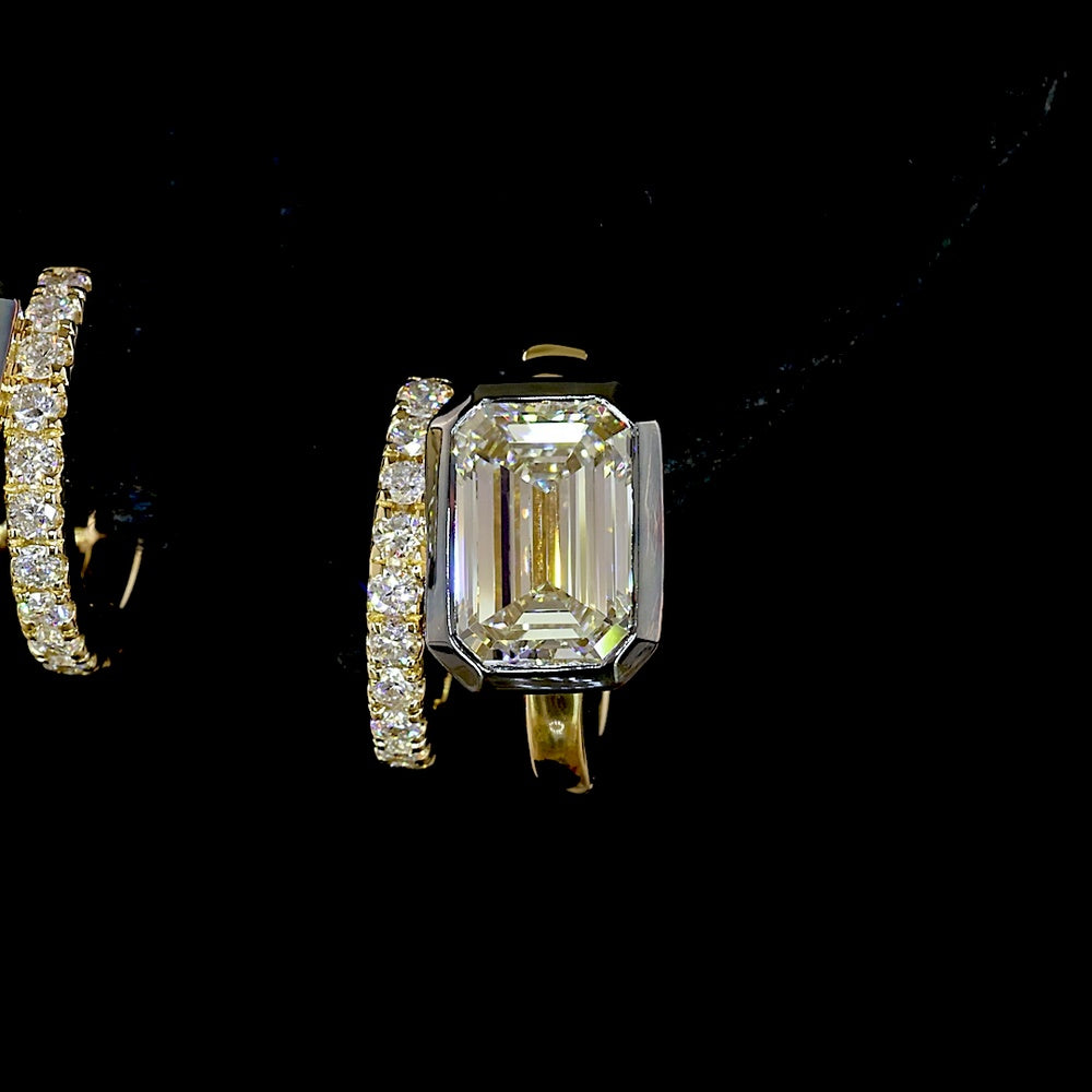 14K Yellow Gold Emerald Cut Lab Diamond Huggie Earrings with Black Rhodium Accents and Brilliant Cut Side Stones - 2.28 Carat Total Diamond Weight - Covaloro Fine Jewelry