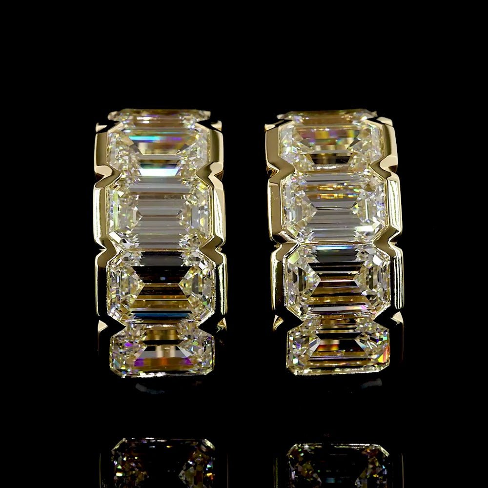 14K Yellow Gold Emerald Cut Lab Diamond Huggie Earrings with Half Bezel Setting - 5.12 Carat Total Diamond Weight (E-F Color, VS Clarity) - Covaloro Fine Jewelry
