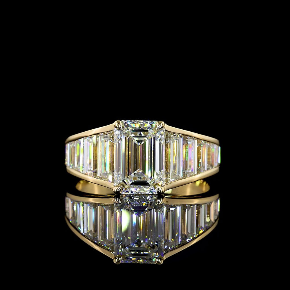14K Yellow Gold Emerald Cut Lab Diamond Ring with Baguette Accents - 2.14 Carats Center Stone, 4.45 Carats Total Diamond Weight, E VVS2 - Covaloro Fine Jewelry
