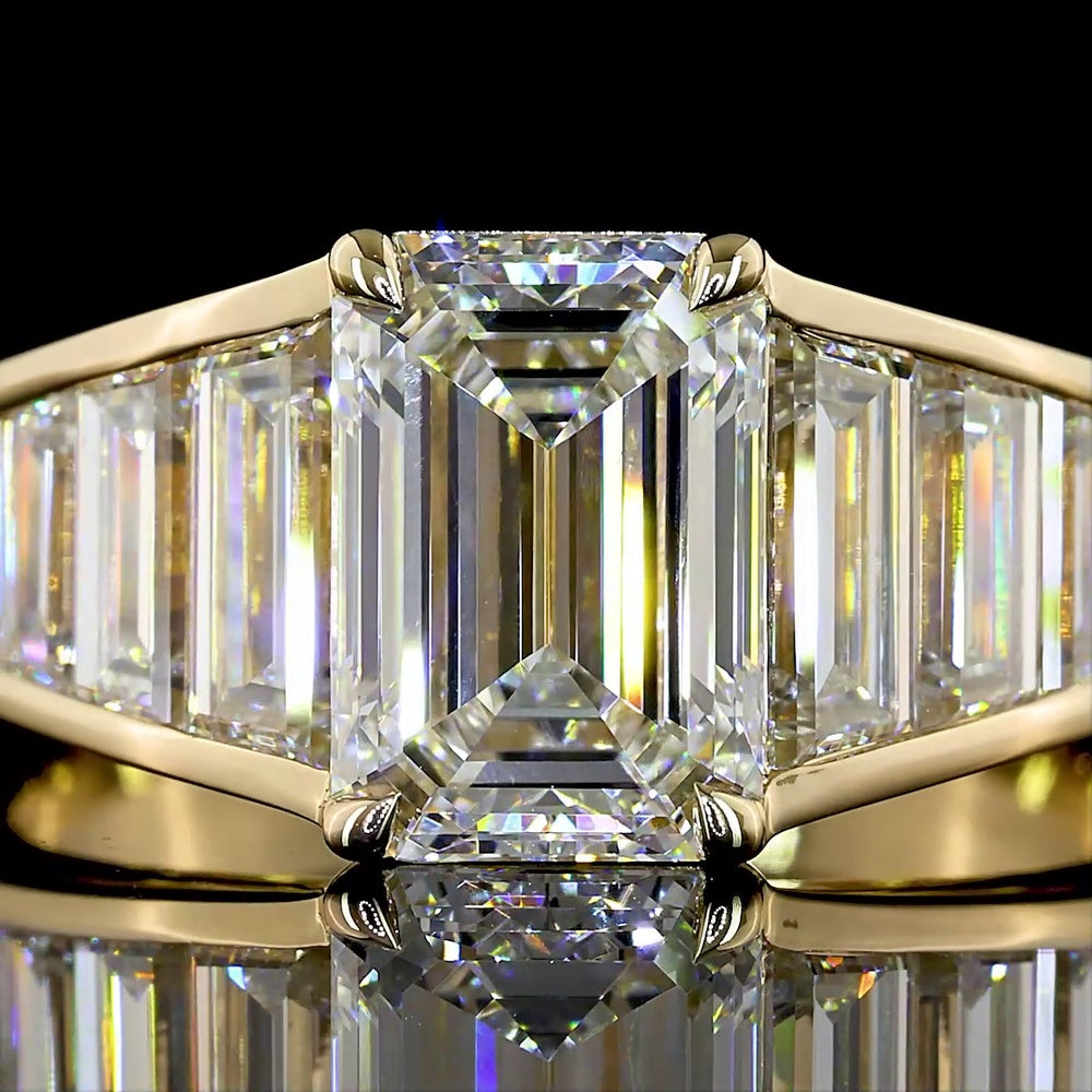 14K Yellow Gold Emerald Cut Lab Diamond Ring with Baguette Accents - 2.14 Carats Center Stone, 4.45 Carats Total Diamond Weight, E VVS2 - Covaloro Fine Jewelry