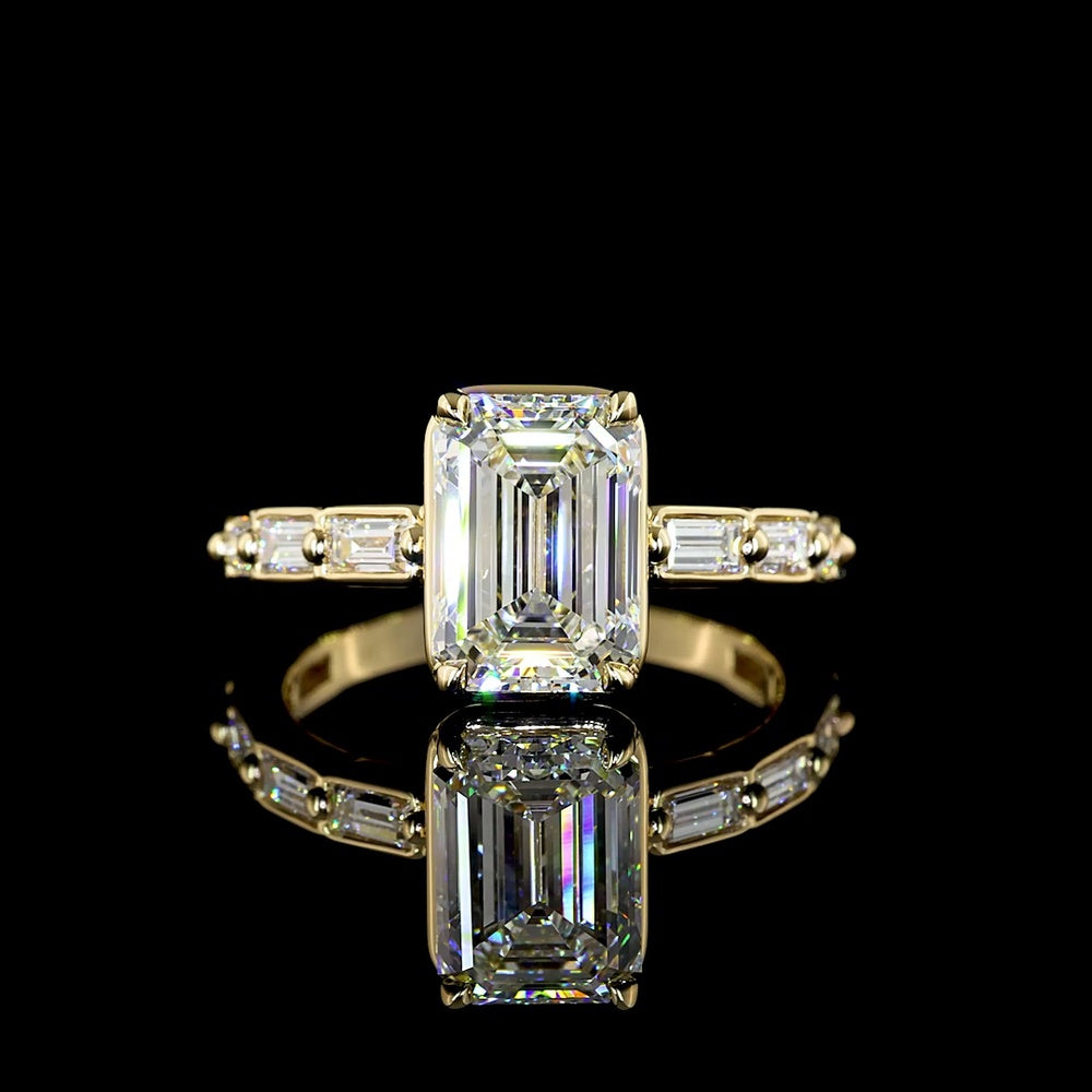 14K Yellow Gold Emerald Cut Lab Diamond Ring with Baguette Side Stones - 3.14 Total Carat Weight, E-F VVS2, IGI Certified - Covaloro Fine Jewelry