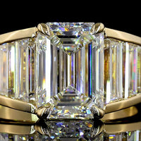 14K Yellow Gold Emerald Cut Lab Diamond Ring with Graduated Baguette Side Stones - 5.84 Carats Total Diamond Weight - Covaloro Fine Jewelry
