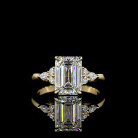 14K Yellow Gold Emerald Cut Lab Diamond Ring with Marquise and Round Side Stones - 2.81 Carat Total Diamond Weight, IGI Certified - Covaloro Fine Jewelry