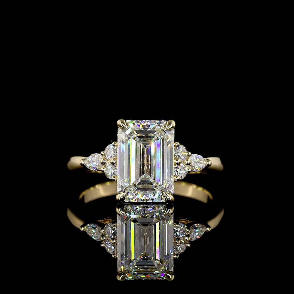 14K Yellow Gold Emerald Cut Lab Diamond Ring with Marquise and Round Side Stones - 2.81 Carat Total Diamond Weight, IGI Certified - Covaloro Fine Jewelry