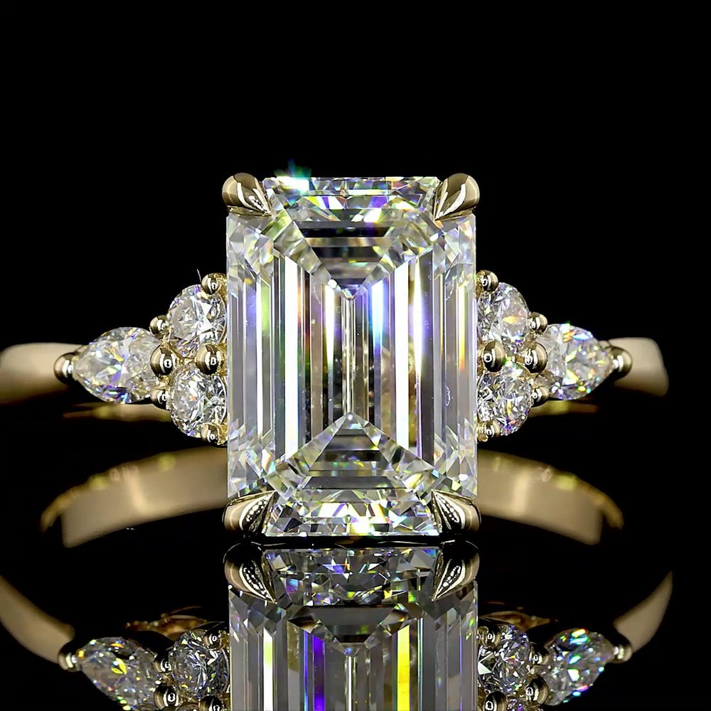14K Yellow Gold Emerald Cut Lab Diamond Ring with Marquise and Round Side Stones - 2.81 Carat Total Diamond Weight, IGI Certified - Covaloro Fine Jewelry