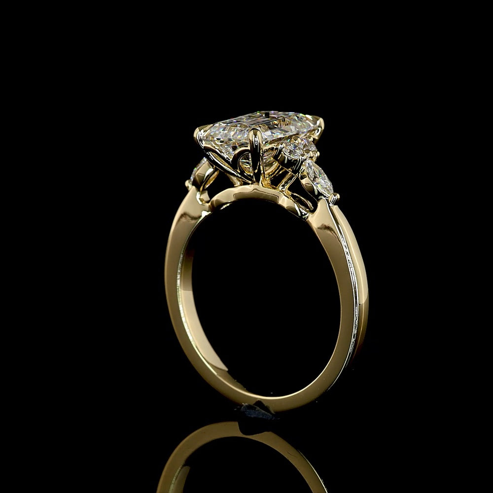 14K Yellow Gold Emerald Cut Lab Diamond Ring with Marquise and Round Side Stones - 2.81 Carat Total Diamond Weight, IGI Certified - Covaloro Fine Jewelry