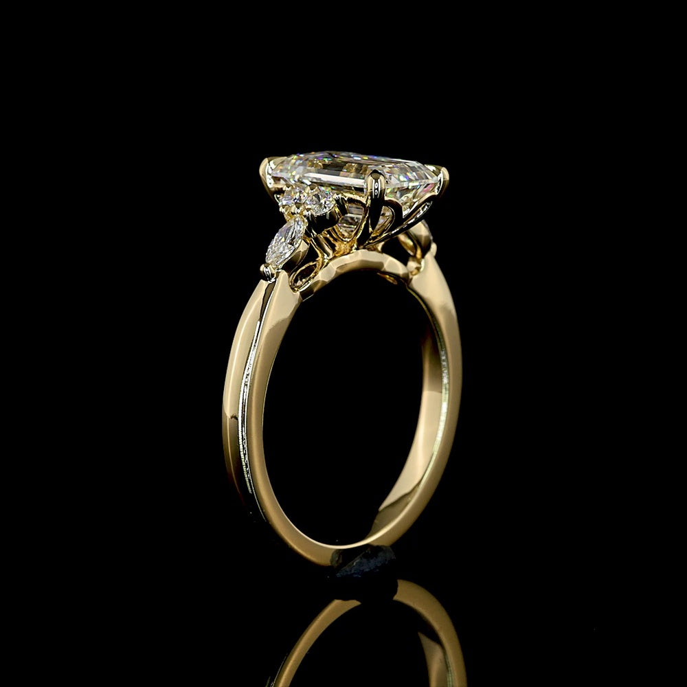 14K Yellow Gold Emerald Cut Lab Diamond Ring with Marquise and Round Side Stones - 2.81 Carat Total Diamond Weight, IGI Certified - Covaloro Fine Jewelry