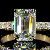 14K Yellow Gold Emerald Cut Lab Diamond Solitaire Shank Ring with Pave Band - 3.04 Carats Center, 4.04 Carats Total Diamond Weight, E VVS2 IGI Certified - Covaloro Fine Jewelry