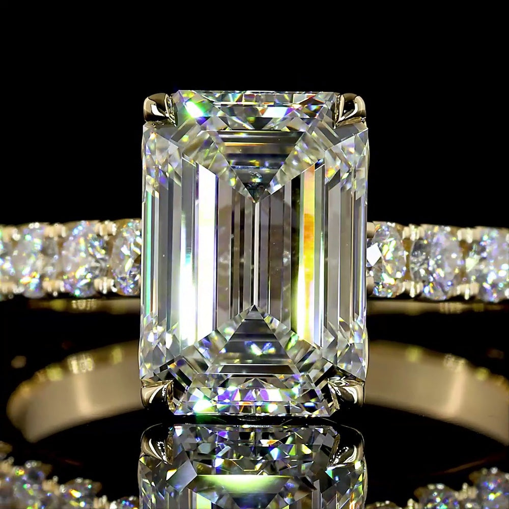 14K Yellow Gold Emerald Cut Lab Diamond Solitaire Shank Ring with Pave Band - 3.04 Carats Center, 4.04 Carats Total Diamond Weight, E VVS2 IGI Certified - Covaloro Fine Jewelry