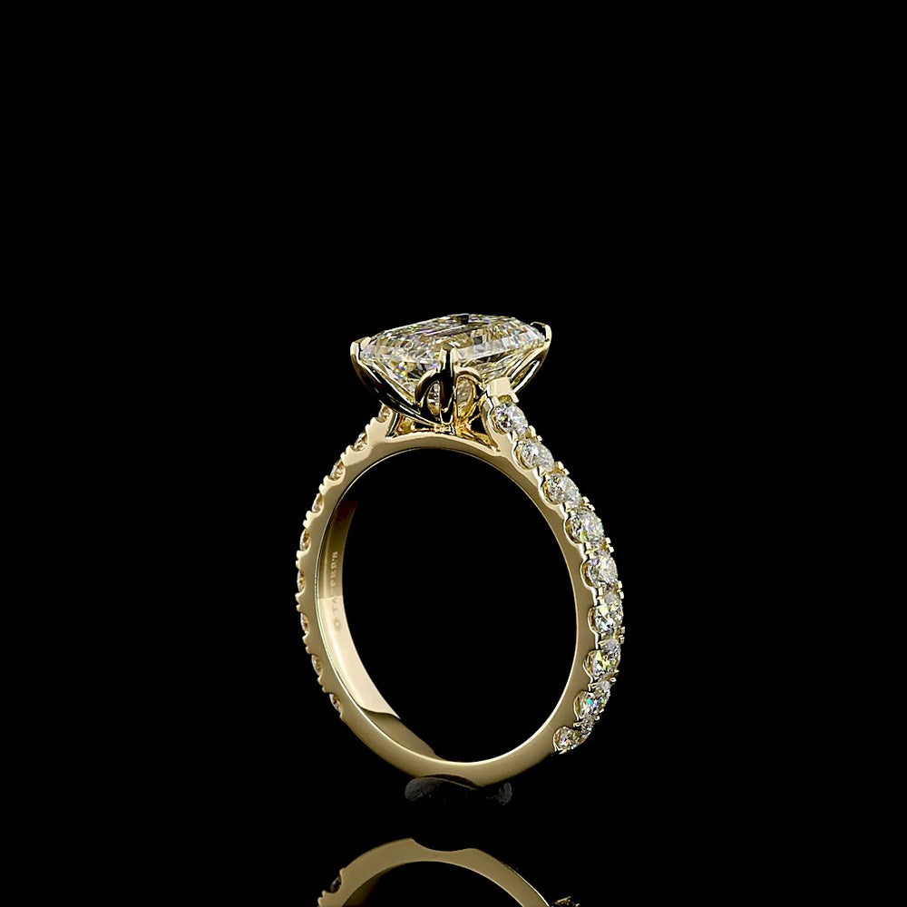 14K Yellow Gold Emerald Cut Lab Diamond Solitaire Shank Ring with Pave Band - 3.04 Carats Center, 4.04 Carats Total Diamond Weight, E VVS2 IGI Certified - Covaloro Fine Jewelry