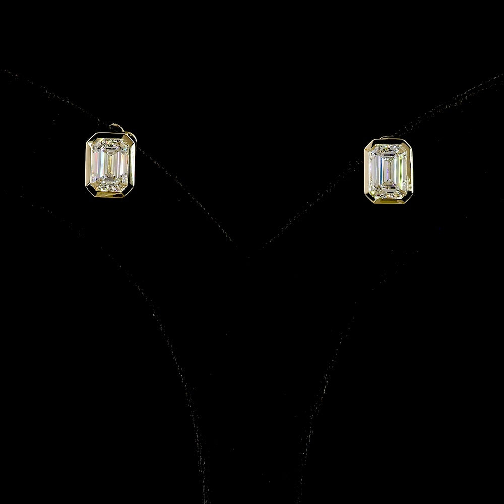 14K Yellow Gold Emerald Cut Lab Diamond Stud Earrings - 3.01 Carats Total Diamond Weight (Bezel Set, North-South Orientation, IGI Certified) - Covaloro Fine Jewelry