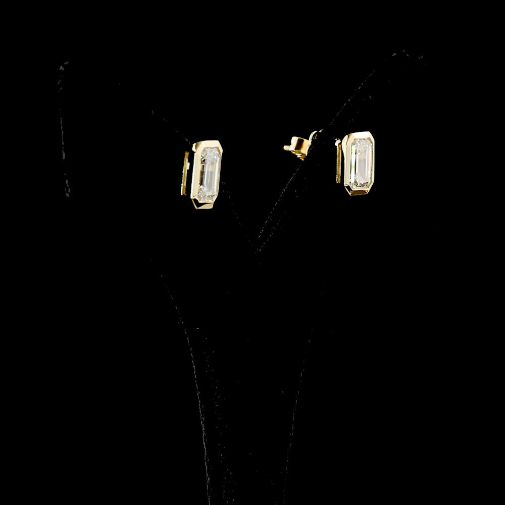 14K Yellow Gold Emerald Cut Lab Diamond Stud Earrings - 3.01 Carats Total Diamond Weight (Bezel Set, North-South Orientation, IGI Certified) - Covaloro Fine Jewelry