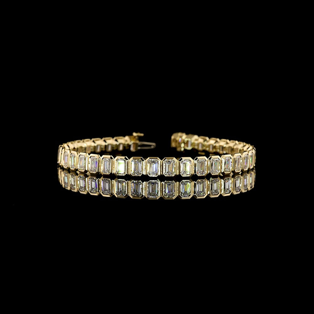 14K Yellow Gold Emerald Cut Lab Diamond Tennis Bracelet - 12.18 Carat Total Weight, Bezel Set, 38 Stones, E-F VS Quality - Covaloro Fine Jewelry