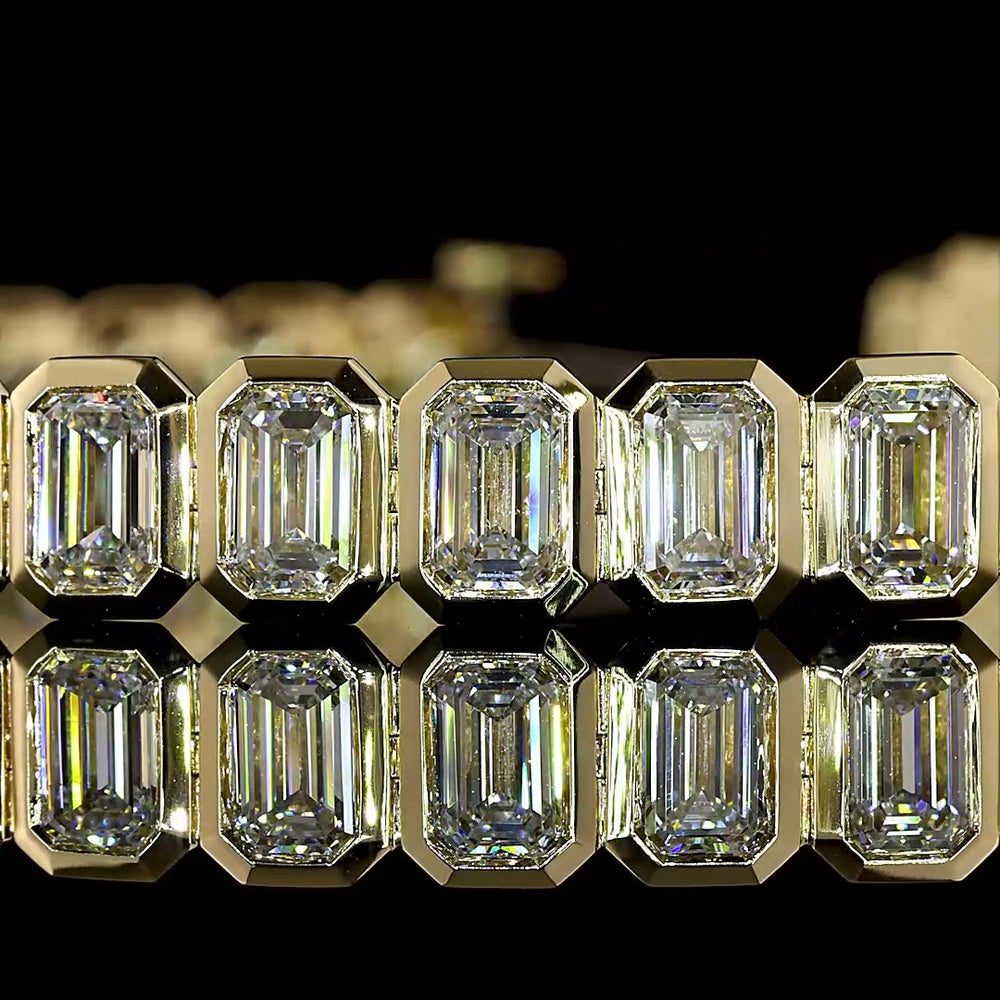 14K Yellow Gold Emerald Cut Lab Diamond Tennis Bracelet - 12.18 Carat Total Weight, Bezel Set, 38 Stones, E-F VS Quality - Covaloro Fine Jewelry