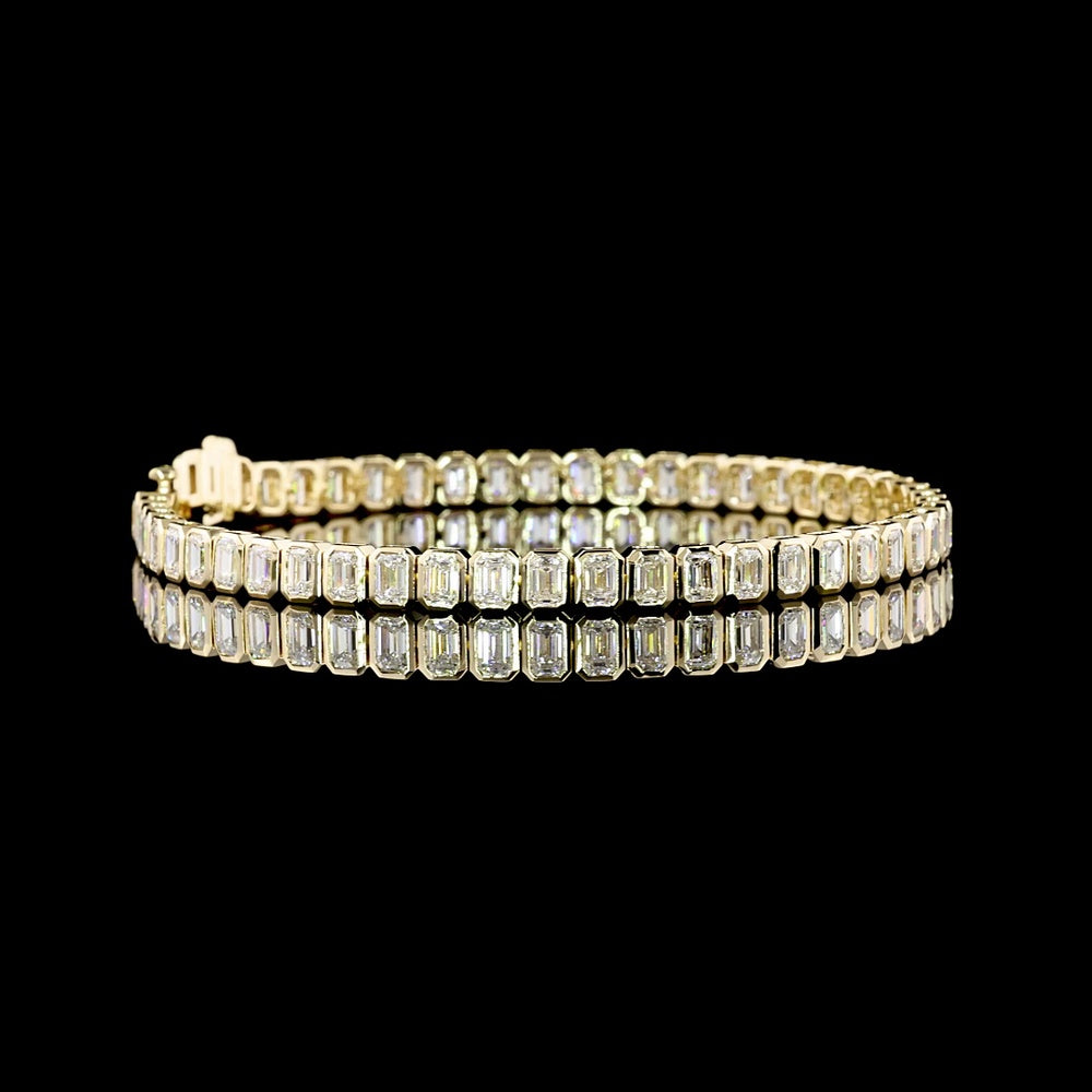 14K Yellow Gold Emerald Cut Lab Diamond Tennis Bracelet with Bezel Setting - 7.29 Total Carat Weight (50 Stones, E-F Color, VS Clarity) - Covaloro Fine Jewelry
