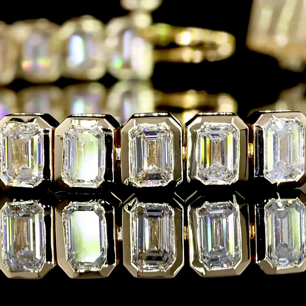 14K Yellow Gold Emerald Cut Lab Diamond Tennis Bracelet with Bezel Setting - 7.29 Total Carat Weight (50 Stones, E-F Color, VS Clarity) - Covaloro Fine Jewelry