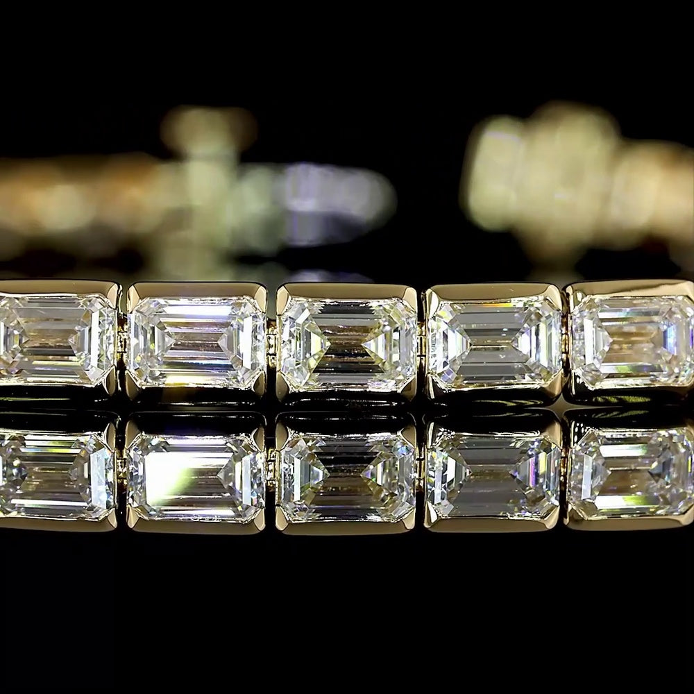 14K Yellow Gold Emerald Cut Lab Diamond Tennis Bracelet with East-West Half Bezel Setting - 8.49 Total Carat Weight - Covaloro Fine Jewelry