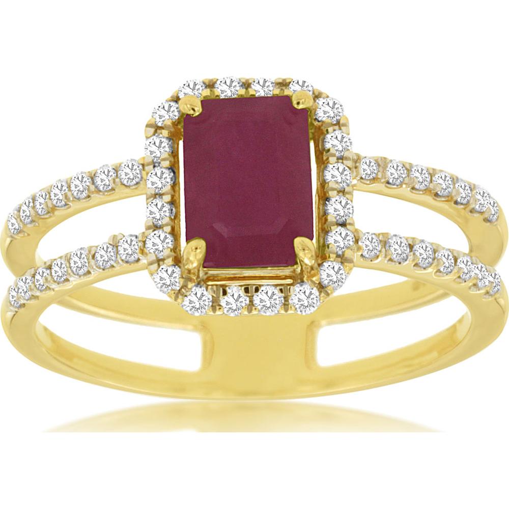 14K Yellow Gold Emerald Cut Ruby & Diamond Halo Ring with Split Shank - 1.10 Carat Ruby, 0.30 Carat Diamond Total Weight - Royal Jewelry