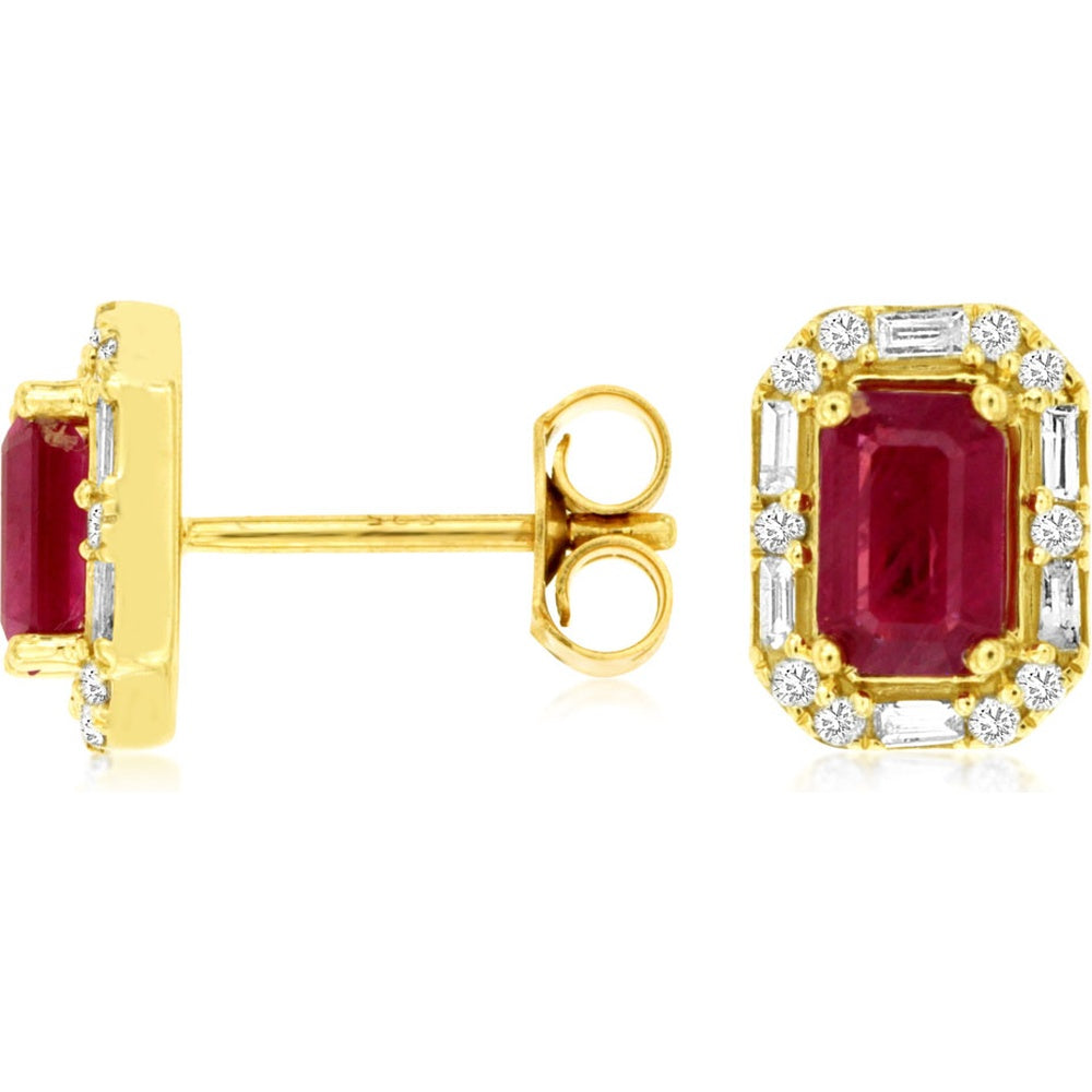 14K Yellow Gold Emerald-Cut Ruby and Diamond Halo Stud Earrings - 1.25 Carat Total Ruby Weight and 0.27 Carat Total Diamond Weight - Royal Jewelry