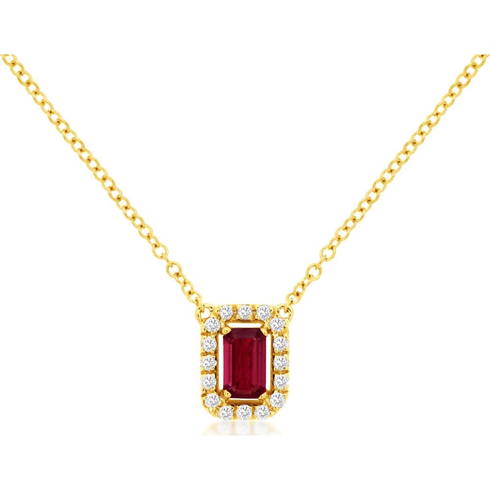 14K Yellow Gold Emerald Cut Ruby Pendant with Round Diamond Halo - 0.35 Carat Ruby and 0.11 Carat Total Diamond Weight - Royal Jewelry