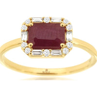 14K Yellow Gold Emerald Cut Ruby Ring with Round and Baguette Diamond Halo - 1.10 Carat Ruby & 0.18 Carat Total Diamond Weight - Royal Jewelry