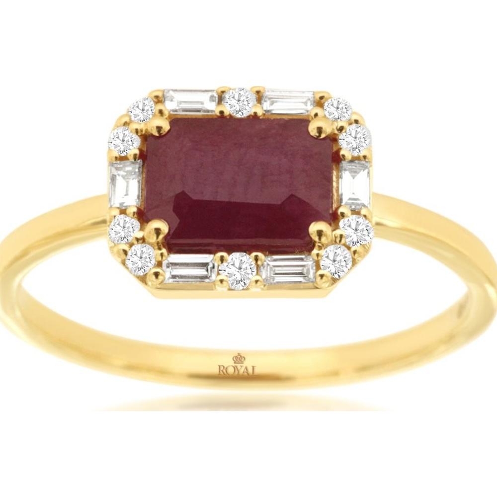 14K Yellow Gold Emerald Cut Ruby Ring with Round and Baguette Diamond Halo - 1.10 Carat Ruby & 0.18 Carat Total Diamond Weight - Royal Jewelry
