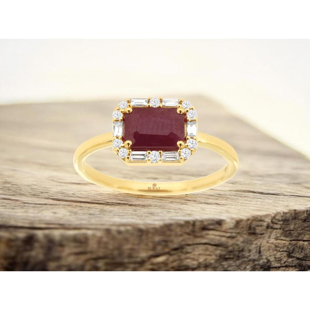 14K Yellow Gold Emerald Cut Ruby Ring with Round and Baguette Diamond Halo - 1.10 Carat Ruby & 0.18 Carat Total Diamond Weight - Royal Jewelry