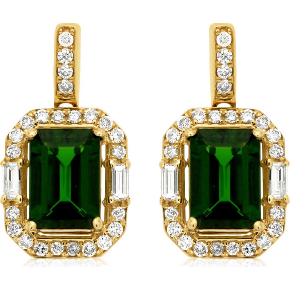 14K Yellow Gold Emerald-Cut Russalite and Diamond Drop Earrings with Baguette and Round Halo - 1.85 Carat Total Russalite, 0.36 Carat Total Diamond Weight - Royal Jewelry
