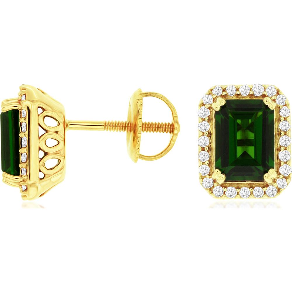 14K Yellow Gold Emerald-Cut Russalite and Diamond Halo Earrings with Screw Backs - 2.00 Carat Total Russalite Weight, 0.20 Carat Total Diamond Weight - Royal Jewelry
